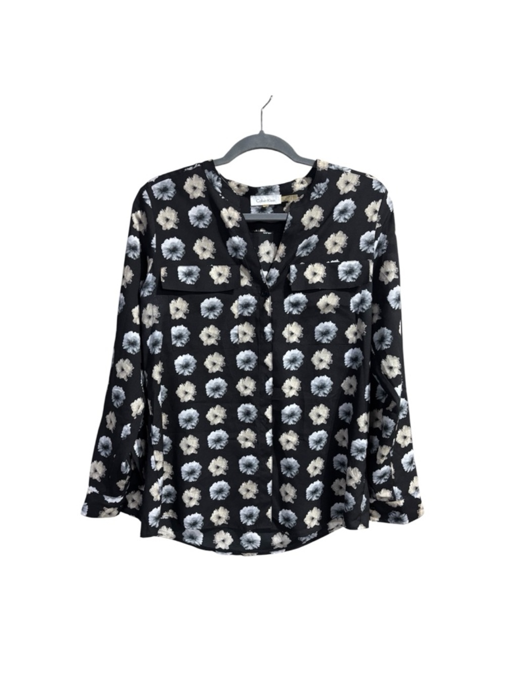 Calvin Klein Floral Blouse Black White Button Front Pockets Size M